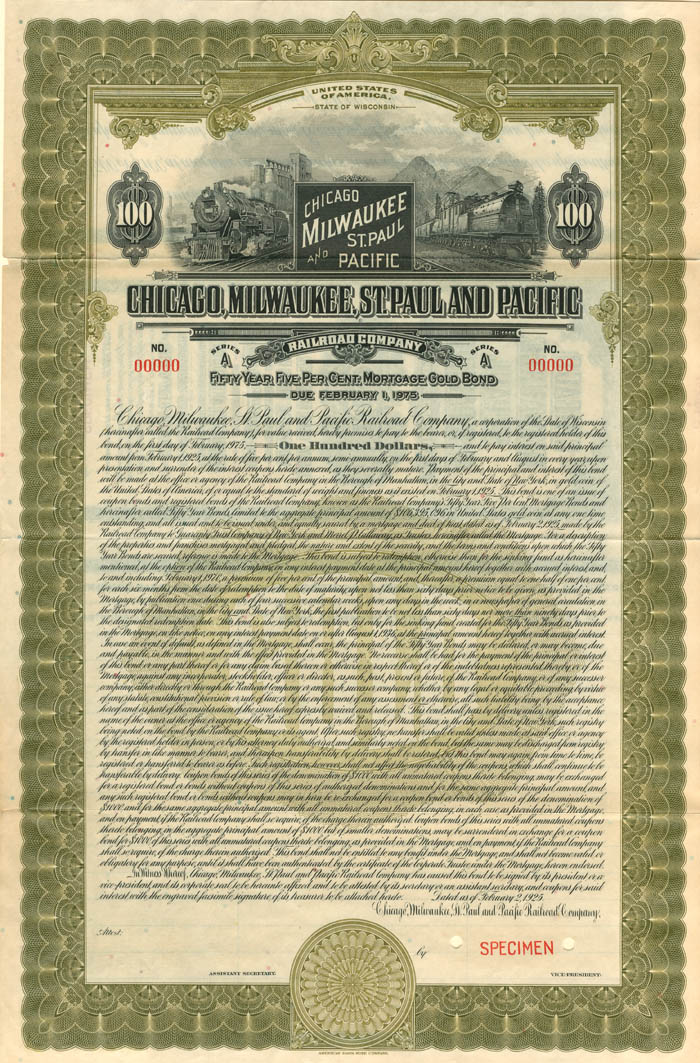 Chicago, Milwaukee, St. Paul and Pacific Railroad Co. - $100 Specimen Bond